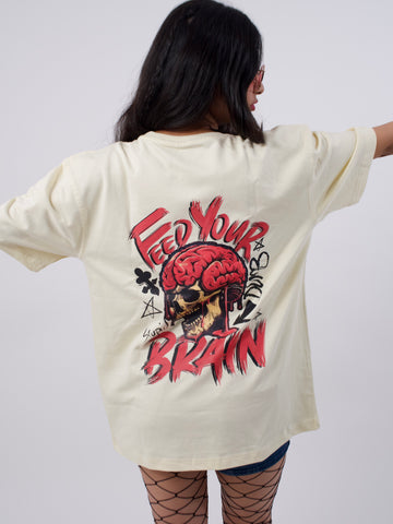Unisex Beige FEED YOUR BRAIN Oversized T-shirt