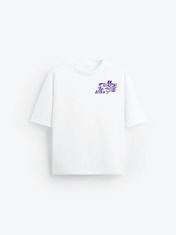 White t-shirt with a small logo on a white background
