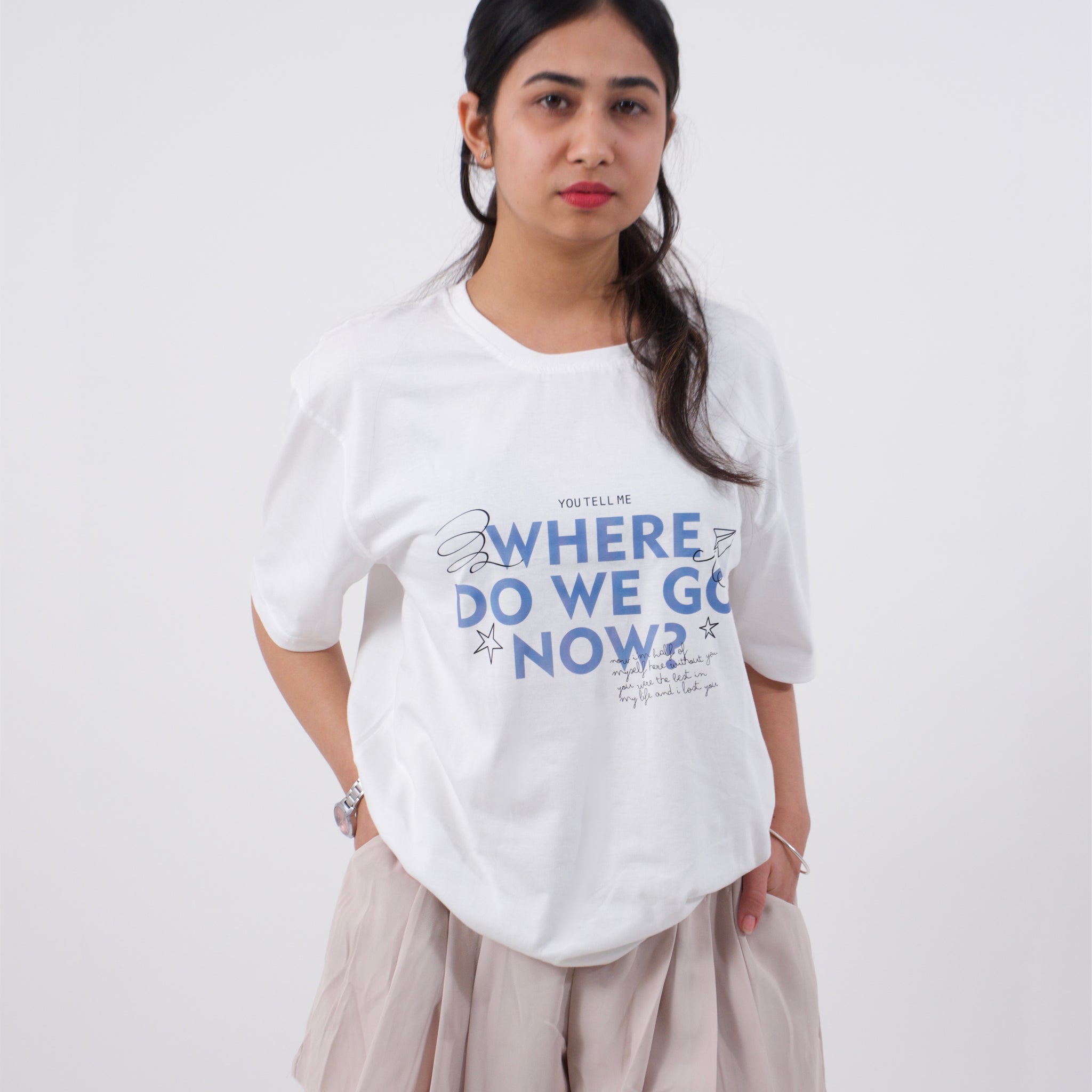 Unisex White WHERE WE DO WE GO NOW Oversized T-shirt