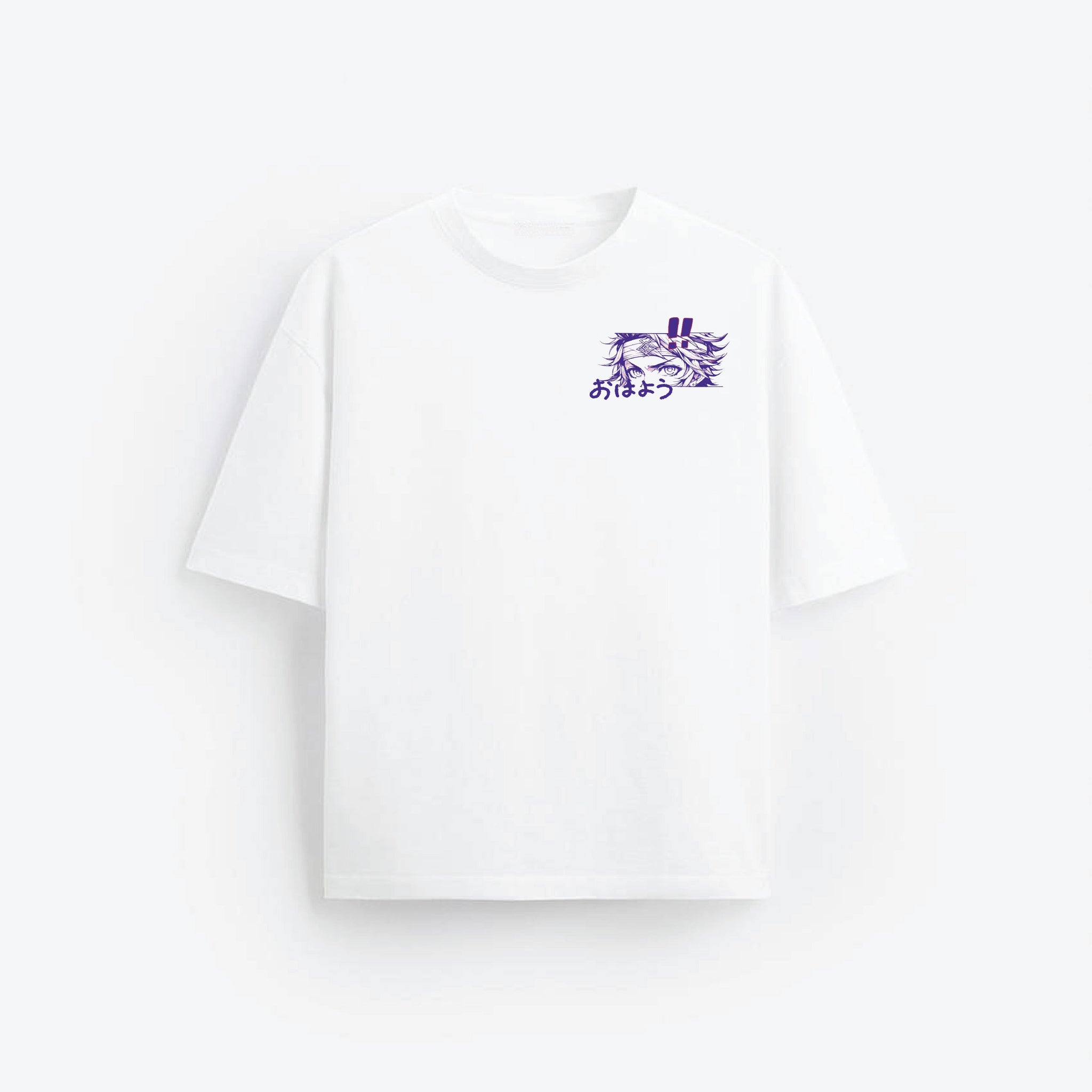 White t-shirt with a small logo on a white background
