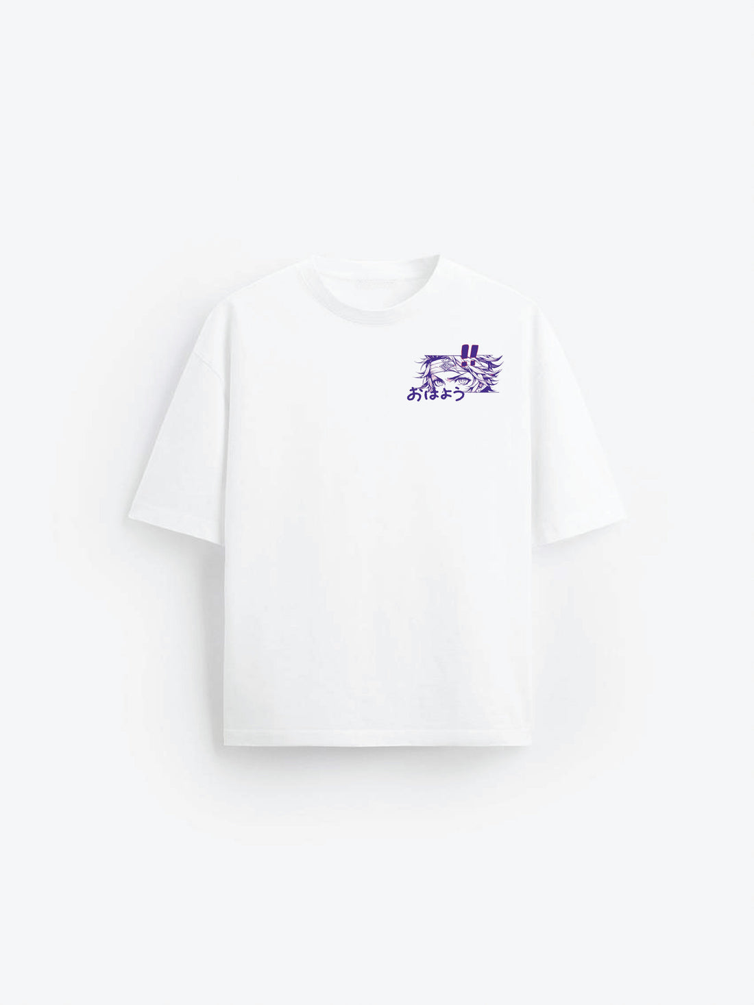 White t-shirt with a small logo on a white background