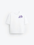 White t-shirt with a small logo on a white background