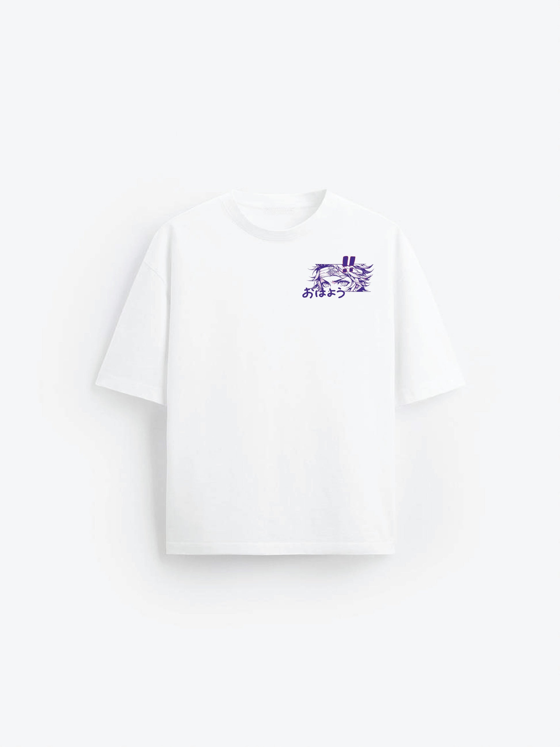 White t-shirt with a small logo on a white background