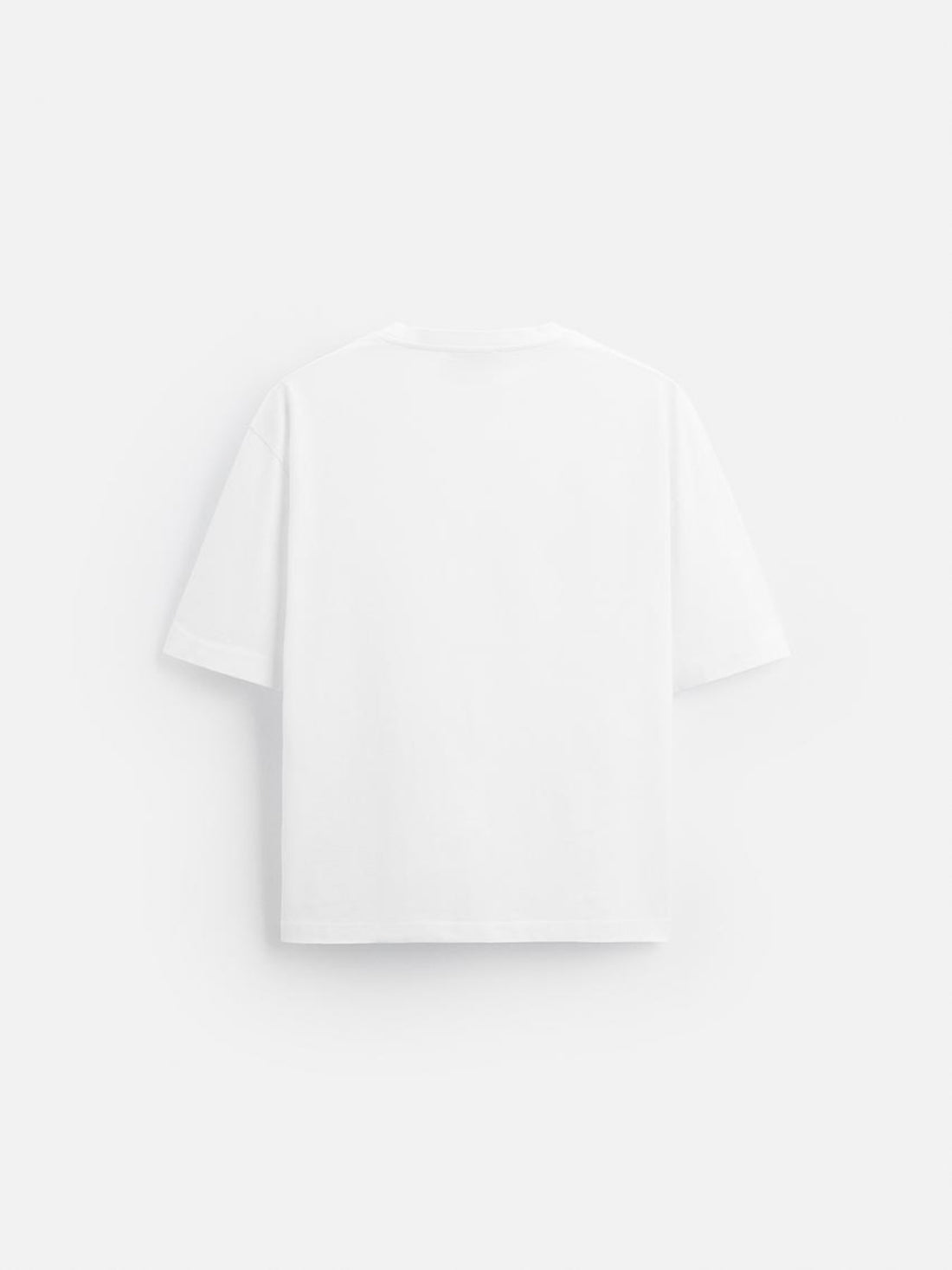 White t-shirt with a small logo on a white background